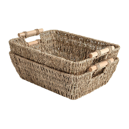 StorageWorks Hand-Woven Large Storage Baskets with Wooden Handles, Seagrass Wicker Baskets for Organizing, 2-Pack - WoodArtSupply