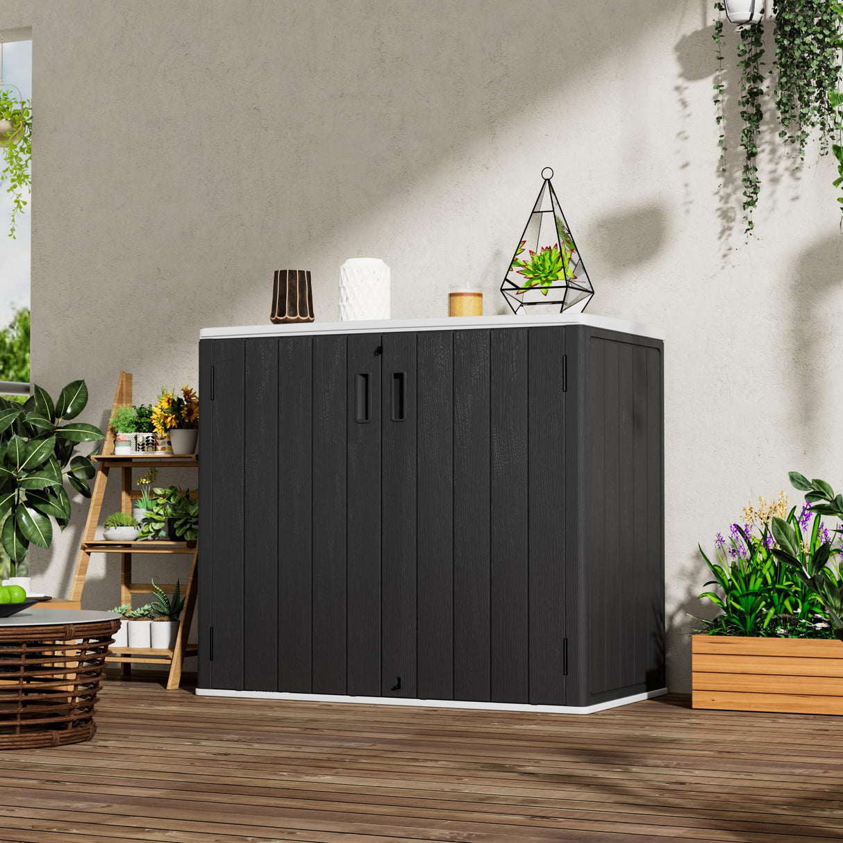 Mrosaa Large Outdoor Storage Box,Resin Sheds&Outdoor Storage Waterproof/Lockable,Outdoor Storage Cabinets for Balcony,Garage,Backyard (37Cu.ft-Black White) Mrosaa