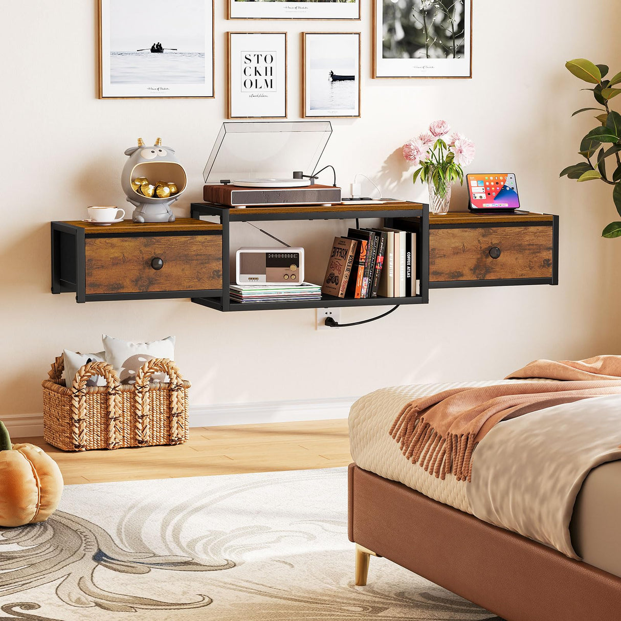 Snughome Floating TV Stand with Power Outlet 55", Wall Mounted Entertainment Center with LED Lights, Floating TV Shelf with Drawer, Wall Mounted Media Console Shelf for Living Room, Bedroom Snughome