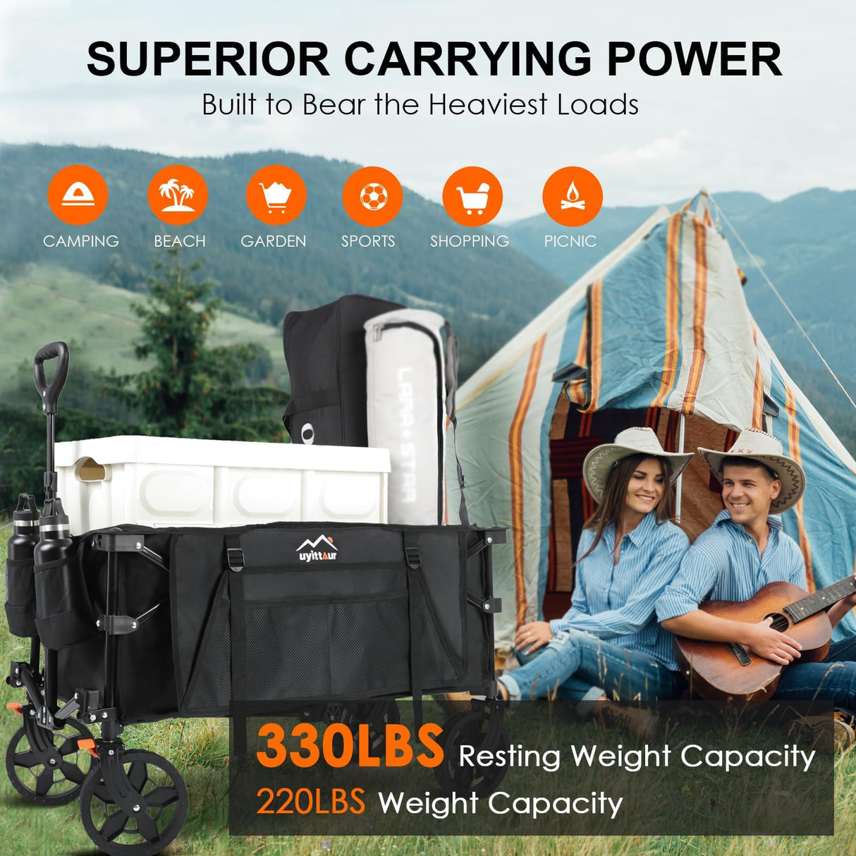 Uyittour Wagon Cart Heavy Duty Foldable, Collapsible Folding Wagon with Compact Folding Design, Utility Grocery Wagon with Side Pocket and Brakes for Shopping, Sports, Camping and Garden Uyittour