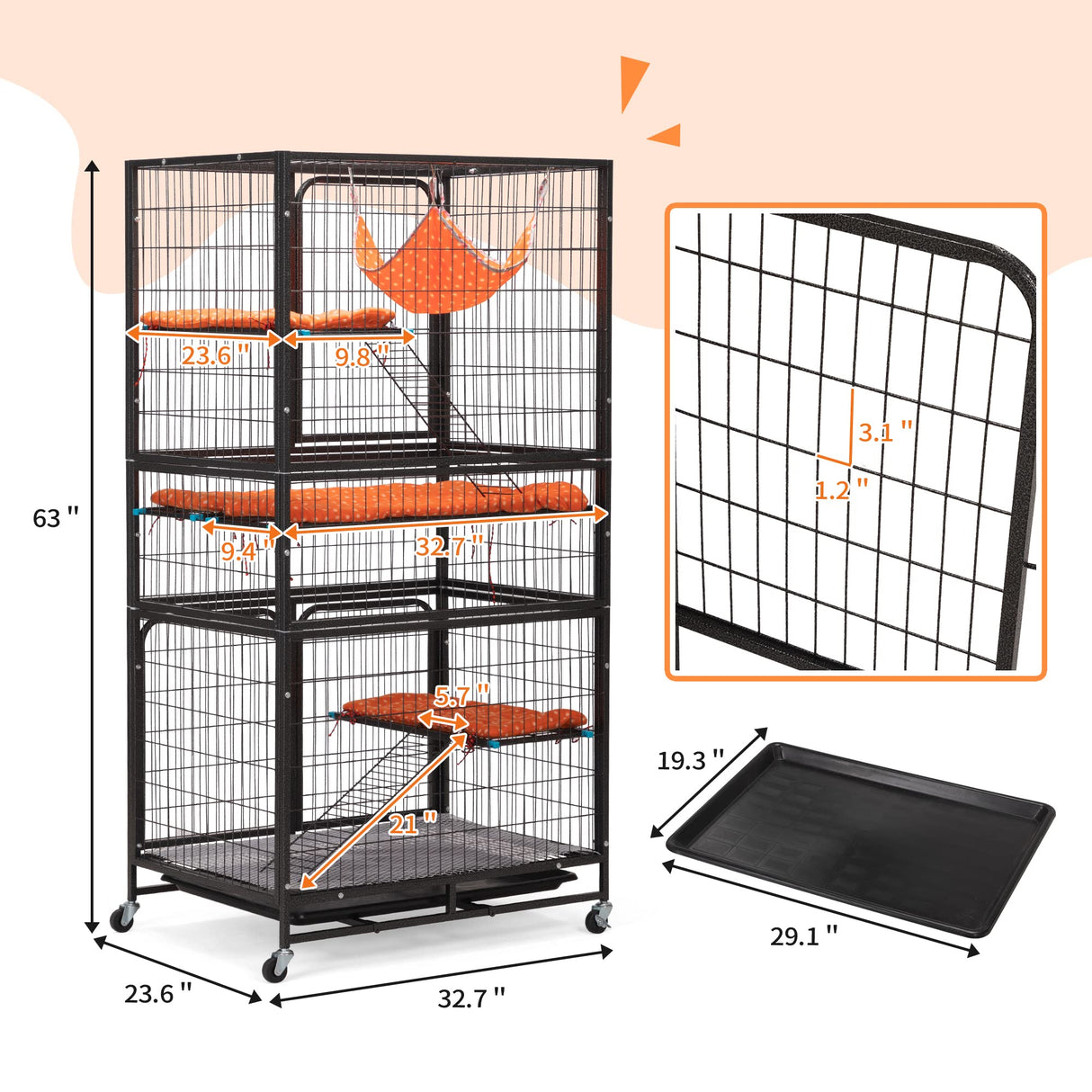 COZIVVOVV Large Cat Cage Indoor, 4-Tier Cat Enclosure Indoor with Hammock Bed, Cat Crates with 2 Ladders, Durable Wire Mesh Catios for Cats, Pet Cages for Cats with Wheels, Black COZIVVOVV