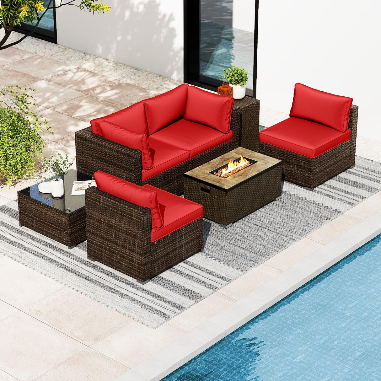 Tangkula 7 Pieces Outdoor Sectional Sofa Set Set with 32” Fire Pit Table and Propane Tank Cover, for Deck, Garden and Backyard, Fire Pit Protective Cover Included (Red) Tangkula