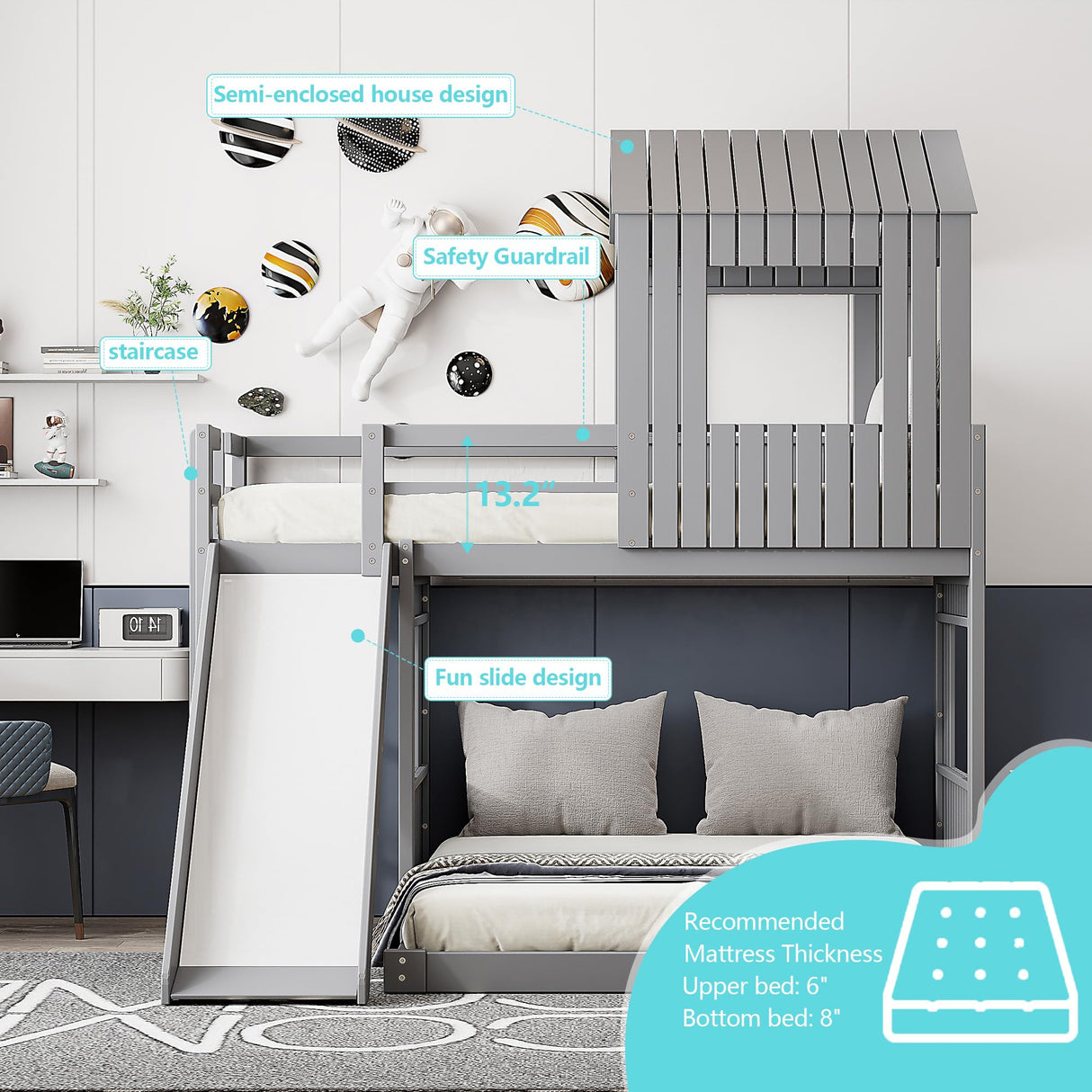 Harper & Bright Designs House Floor Bunk Beds with Slide, Wooden Twin Over Full Bunk Beds with Slide, Roof and Guard Rail for Kids, Teens, No Box Spring Needed (Gray, Twin Over Full Size) Harper & Bright Designs