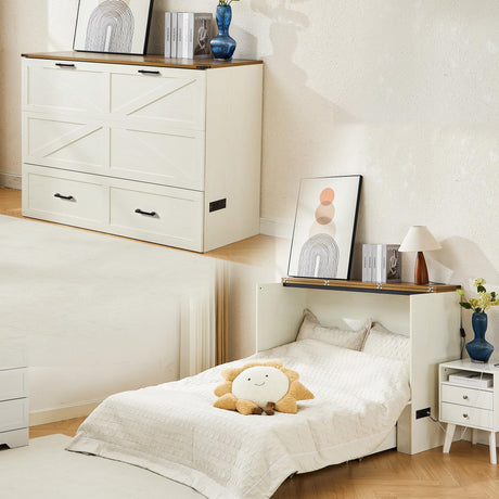 Tltaroni Murphy Bed Full Size Cabinet with Drawer Hidden Beds with Charging Station, Farmhouse Wood Space-Saving Hidden Folding Chest Cabinet Bed for Bedroom, Office, School，Rustic White Tltaroni