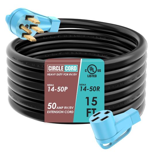 CircleCord UL Listed 50 Amp 15 Feet RV/EV Extension Cord, Heavy Duty 6/3+8/1 Gauge STW Wire, NEMA 14-50P/R Suit for Tesla Model 3/S/X/Y EV Charging and RV Trailer Campers - WoodArtSupply