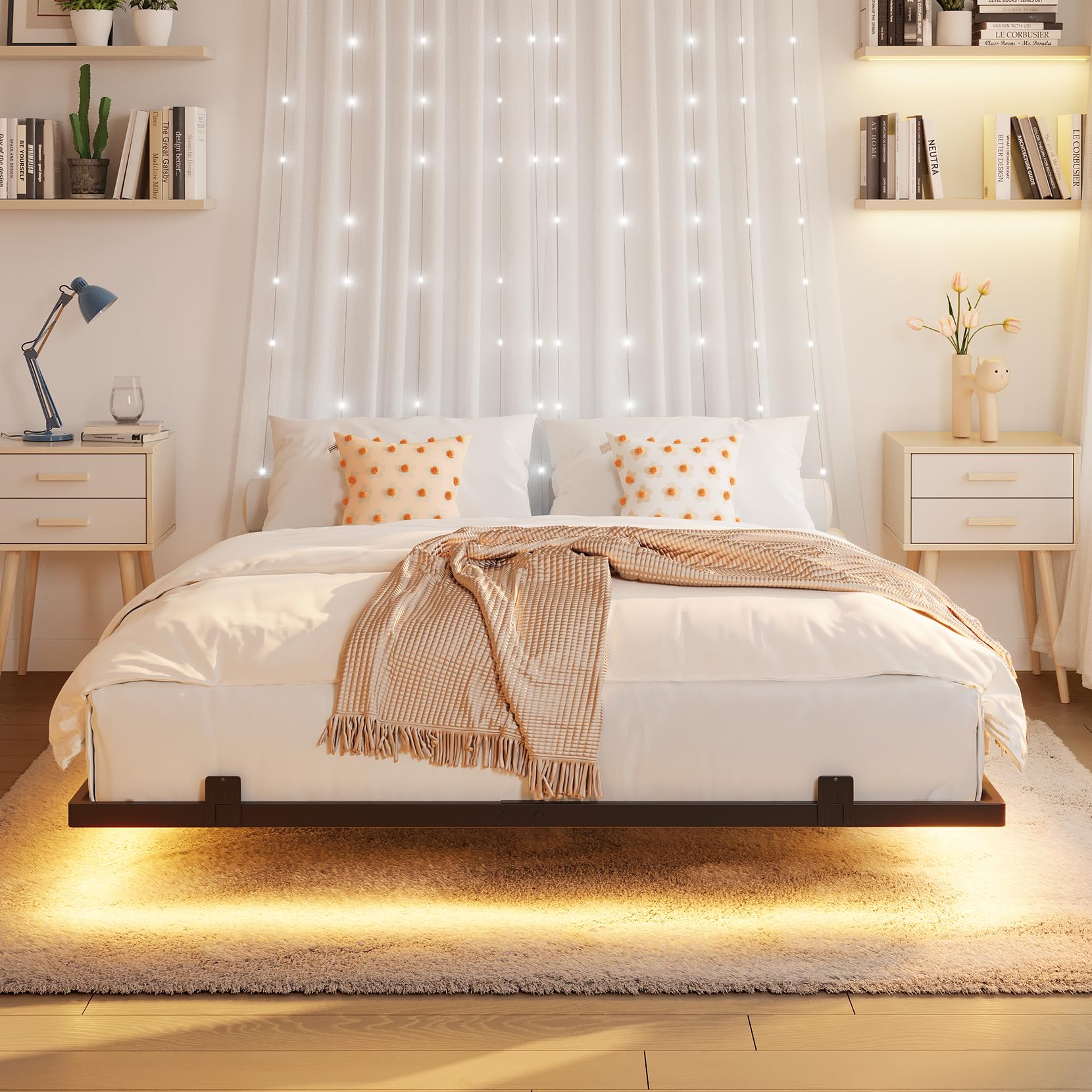 Koorlian Queen Size Floating Bed Frame with RGB LED Lights and Anti-Slip Mattress Stoppers - WoodArtSupply