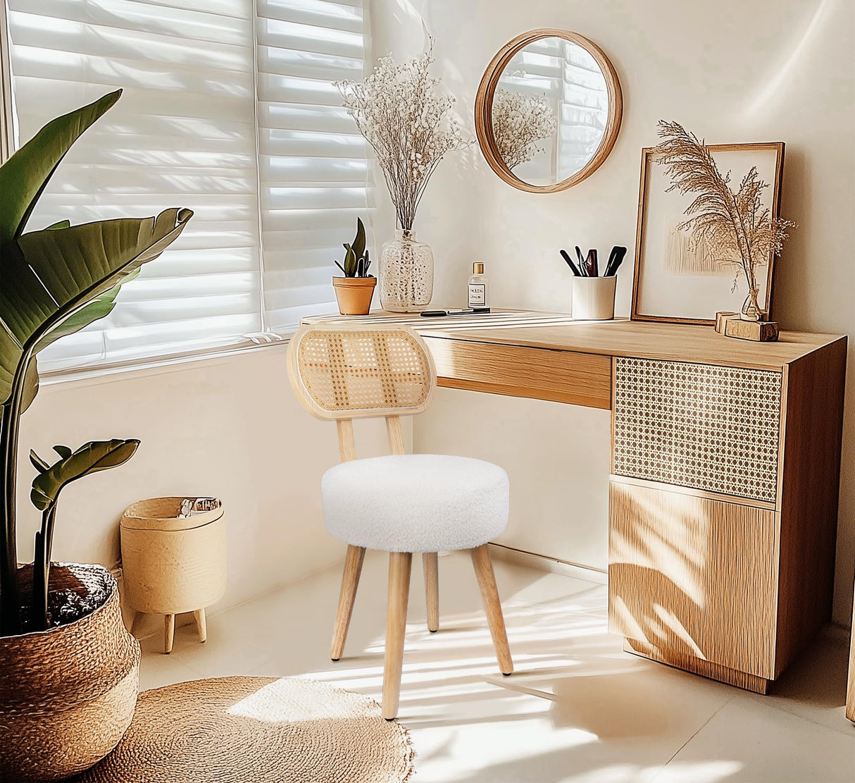 Rattan Dining Chair, Kitchen Dining Room Chairs, Mid Century Modern Boucle Chair, Stylish Upholstered Wood Accent Chair, Cute Sherpa Chair, Living Room Bar Stool Chair, Boho Makeup Vanity Chair, 1 Pc ZYBT