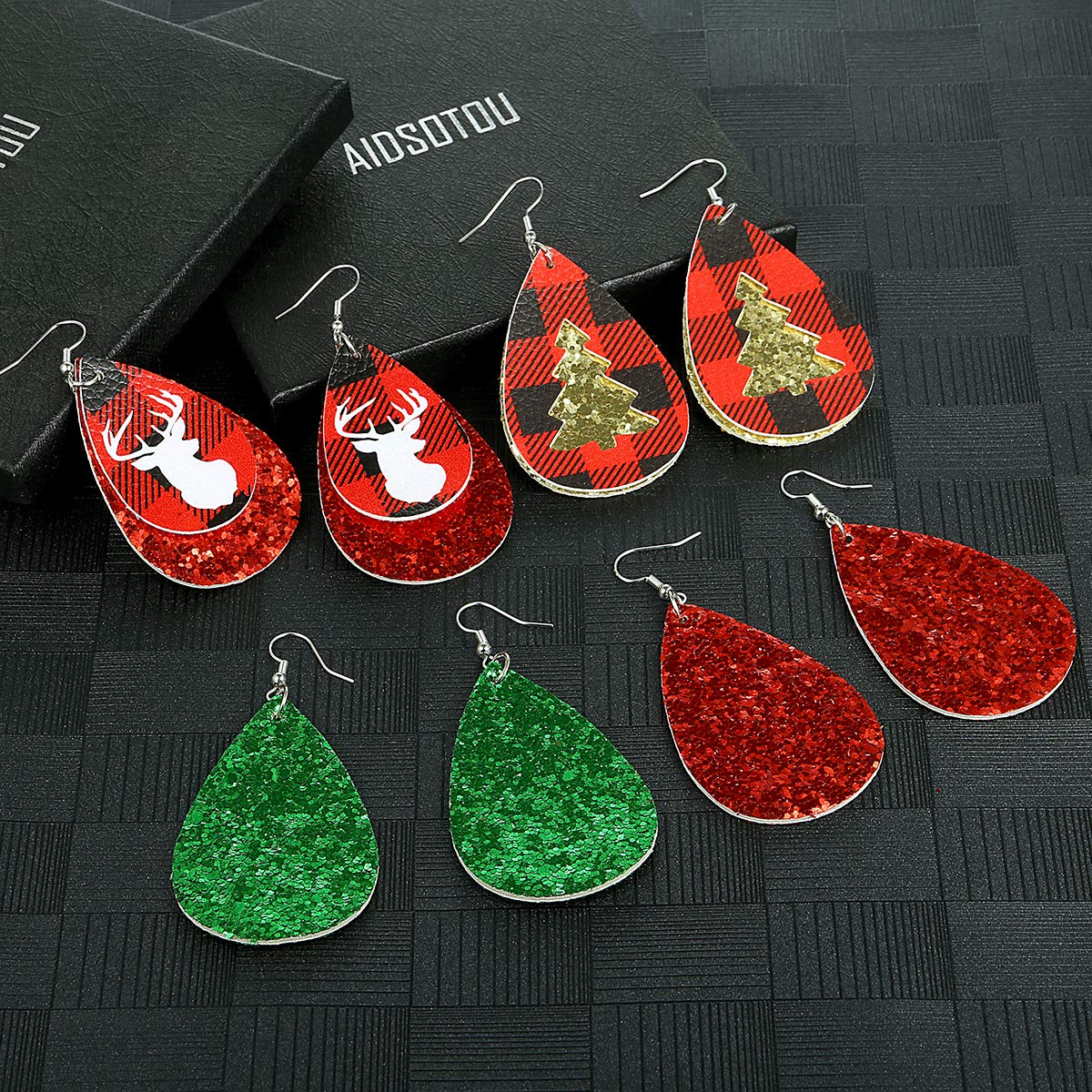 Christmas Faux Leather Earrings for Women Teardrop Dangle Earrings Plaid Petal Drop Earring Xmas Jewelry Accessory Gifts 16 Pairs