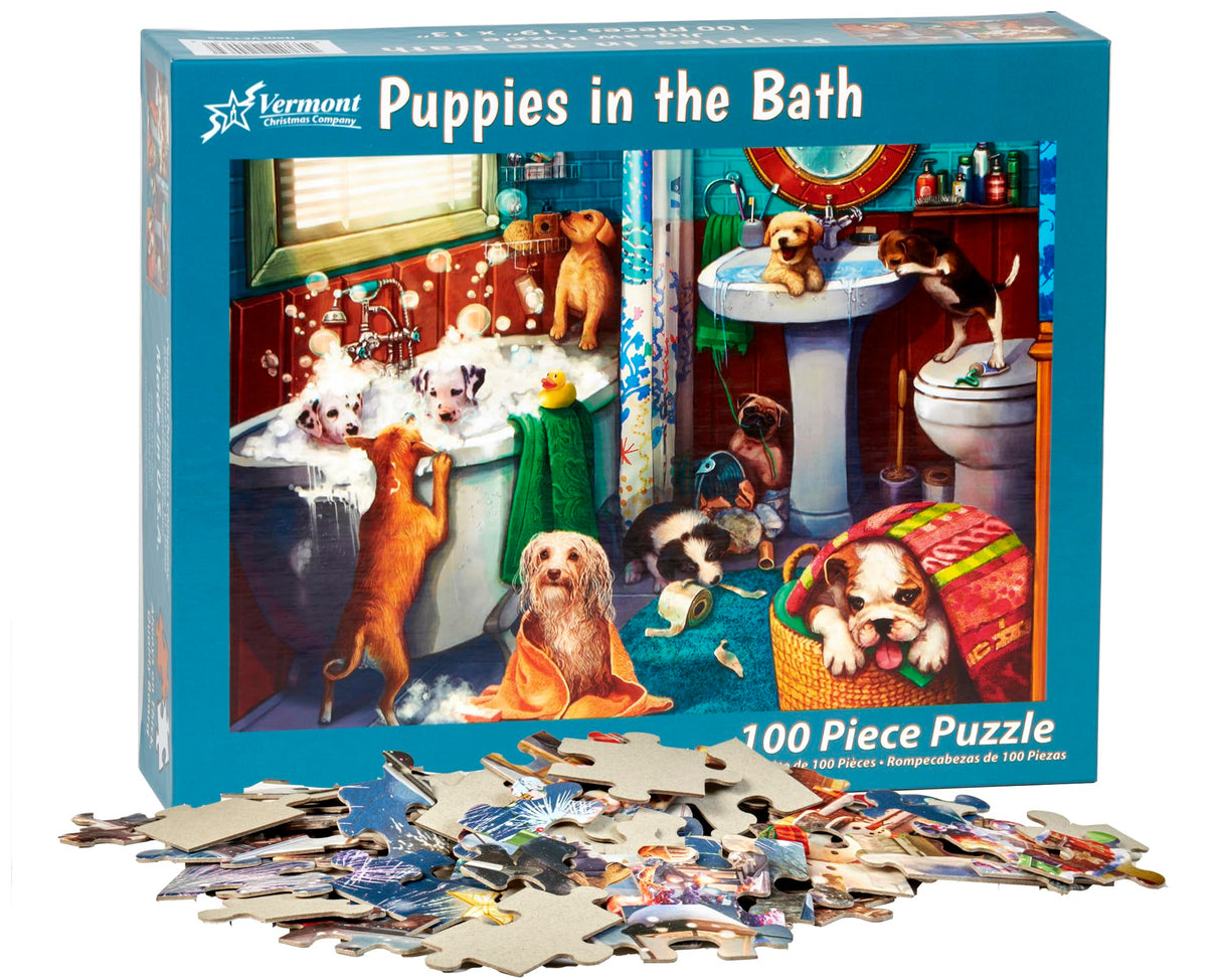 Vermont Christmas Company Puppies in The Bath Jigsaw Puzzle - 100 Piece Puppies Puzzle - Large Puppy Jigsaw Puzzle Made from Thick Durable Puzzle Board - Puppy Puzzles for Kids & Adults (19" x 13") Vermont Christmas Company