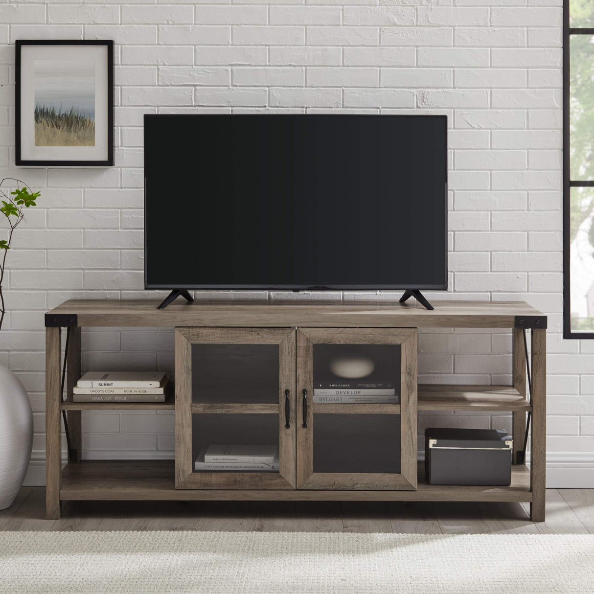 Walker Edison Modern Farmhouse Metal X Wood TV Stand Storage Cabinet for TV's up to 64" Flat Screen Universal TV Console Living Room Storage Shelves Entertainment Center, 60 Inch, Grey Walker Edison