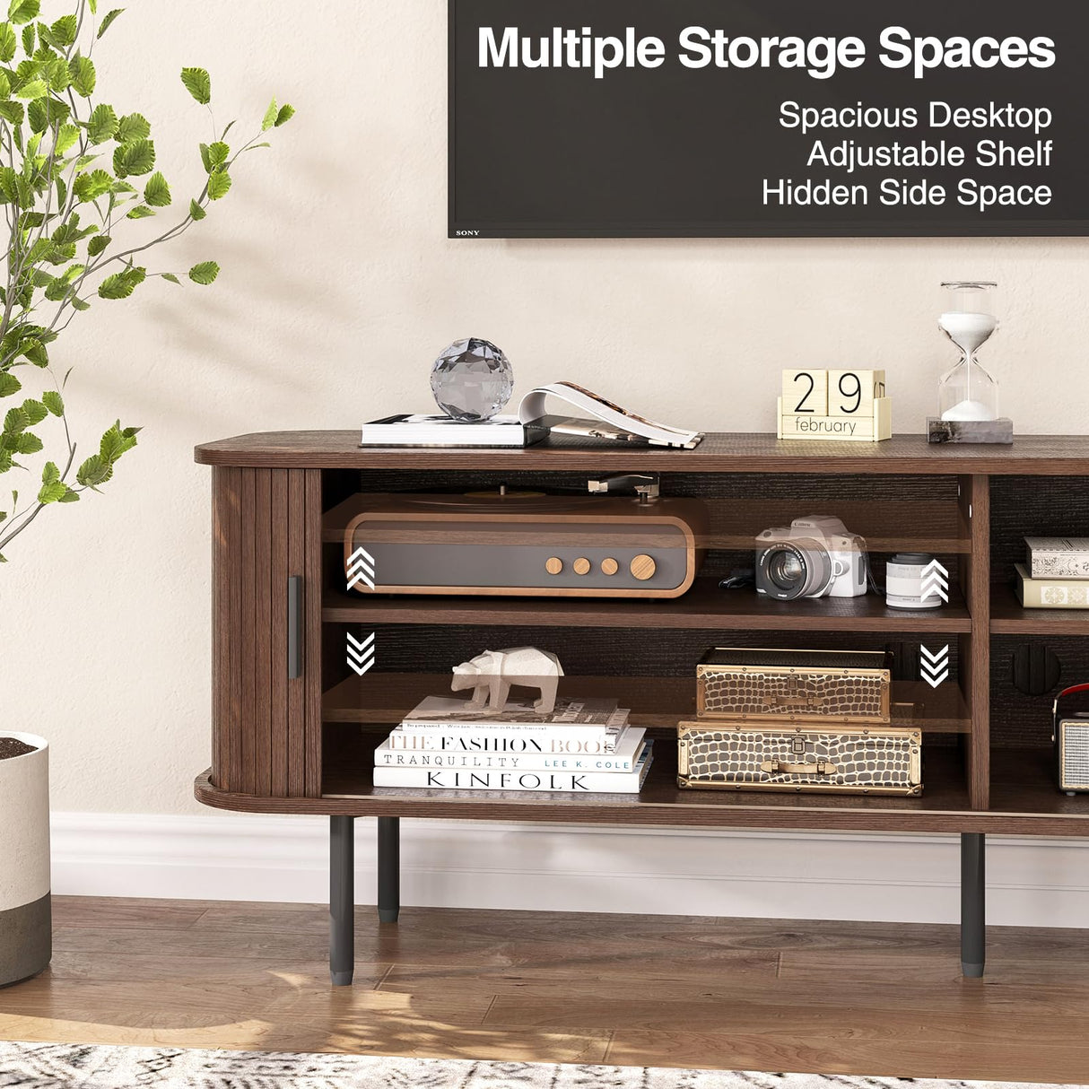 FiveWillowise 63" Mid Century Modern Fluted TV Stand for TVs up to 75 Inch, Gaming Entertainment Center with Tambour Slatted Sliding Doors, Media TV Consoles Table for Living Room, Walnut FiveWillowise