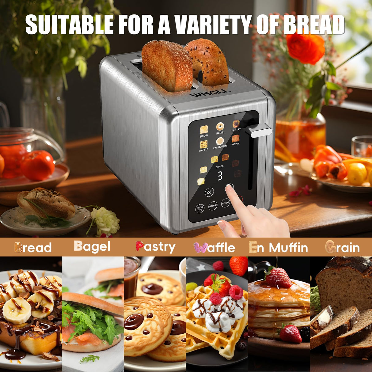 WHALL® Touch Screen Toaster 2 Slice, Stainless Steel Digital Timer Toaster, 6 Bread Types & 6 Shade Settings, Smart Extra Wide Slots Toaster With Bagel, Cancel, Defrost Functions whall