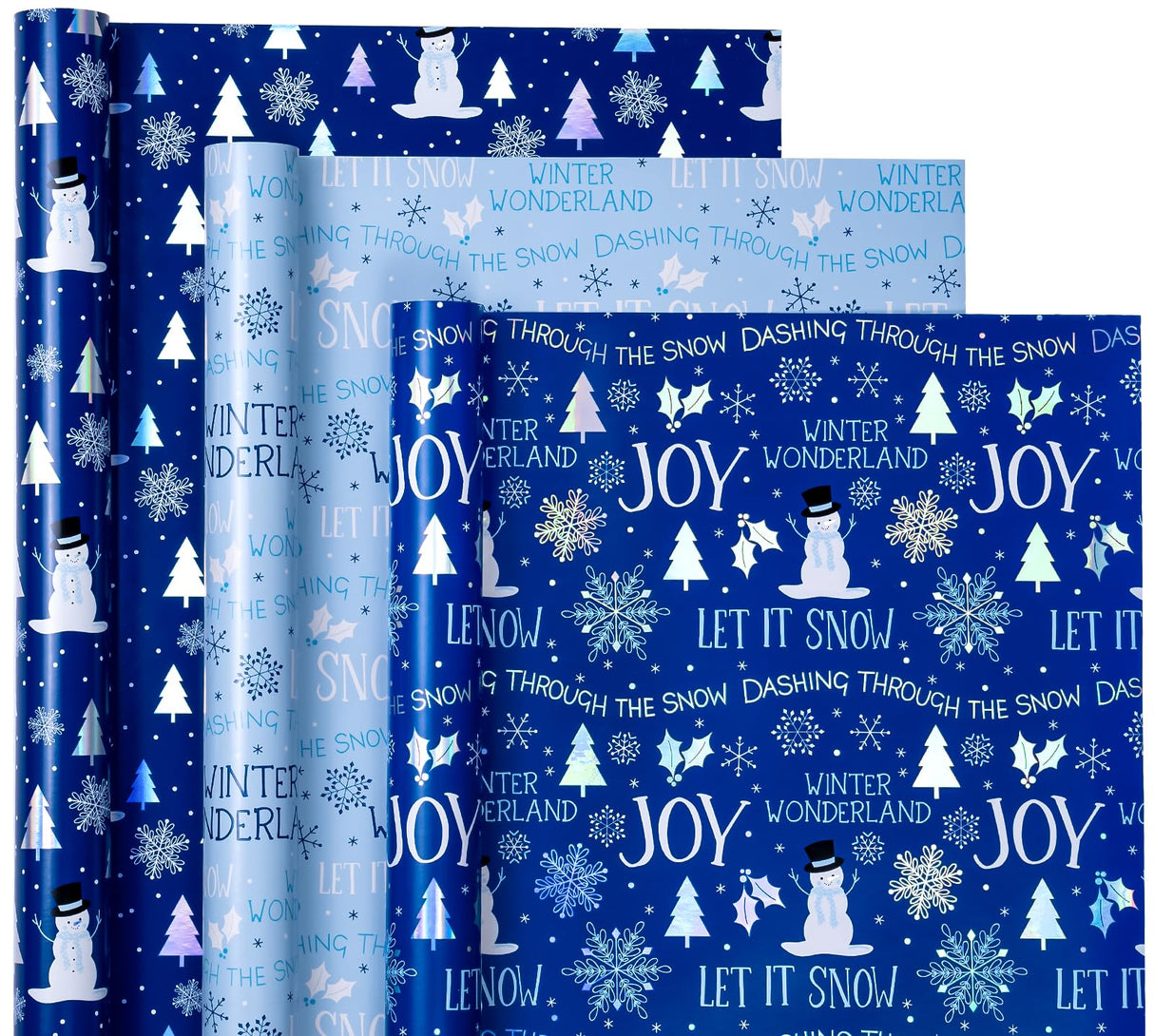 WRAPAHOLIC Christmas Wrapping Paper Roll - Mini Roll - 3 Rolls - 17 Inch x 120 Inch Per Roll - Blue and White Winter Wondland, Snowflake, Snowman Holiday Collection with Metallic Foil Shine WRAPAHOLIC