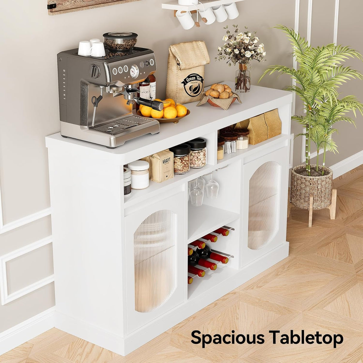 GOCAPTAIN Wine Bar Cabinet White Modern Coffee Sideboard Buffets with Led Lights, Wine Racks Glass Holder, 2 Glass Doors, Adjustable Shelves for Kitchen, Dining Room, Living Room GOCAPTAIN