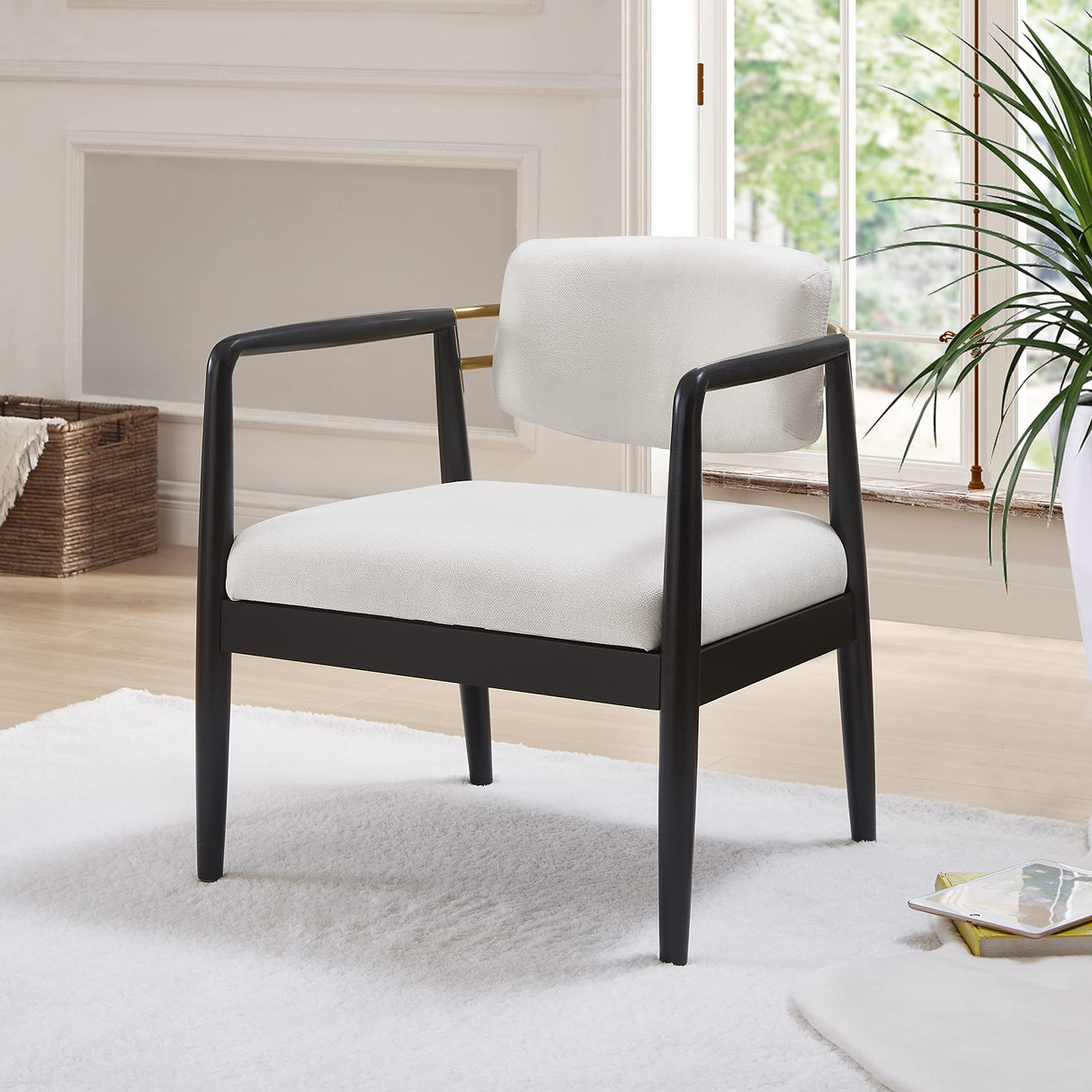 Ball & Cast Modern Accent Chair Upholstered Club Chair Comfy Side Armchair with Wooden Frame, Ivory Ball & Cast