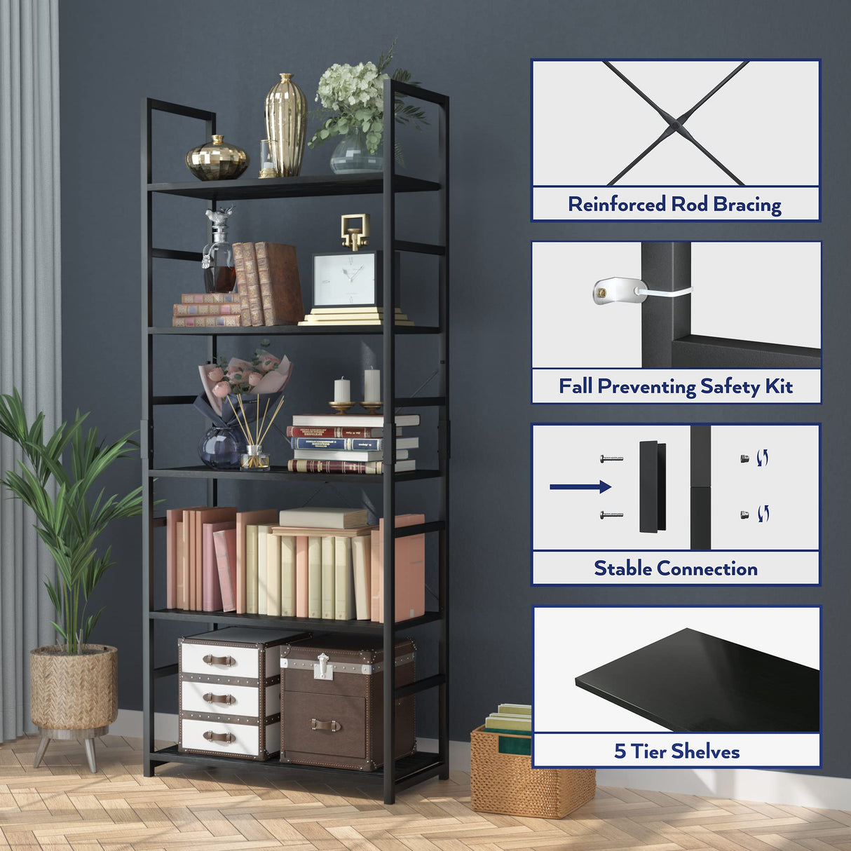 NUMENN 5 Tier Bookshelf, Tall Bookcase Shelf Storage Organizer, Modern Book Shelf for Bedroom, Living Room and Home Office, Black NUMENN