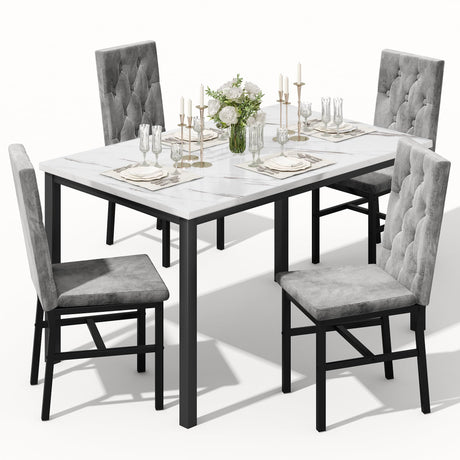 Hooseng Dining Table Set for 4, Faux Marble Small Kitchen Table Chairs Set of 4 with Luxurious Button Tufted Dinner Chairs for Kitchen and Dining Hooseng