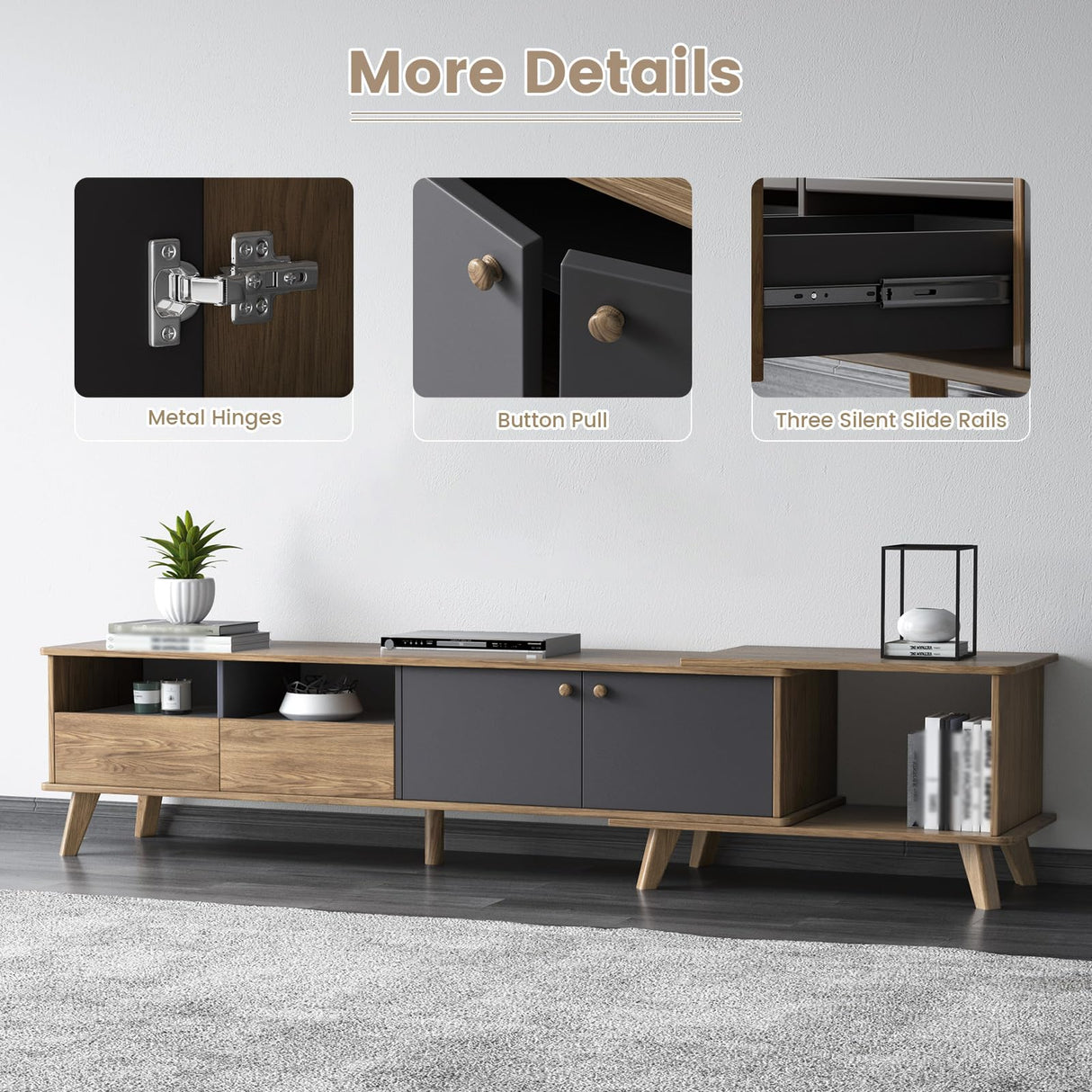 GlimBiz Extendable TV Stand, Mid Century Modern TV Stand for 55/60/65 inch TV, Farmhouse TV Stand, Entertainment Center with Storage, TV and Media Consol for Living Room GlimBiz