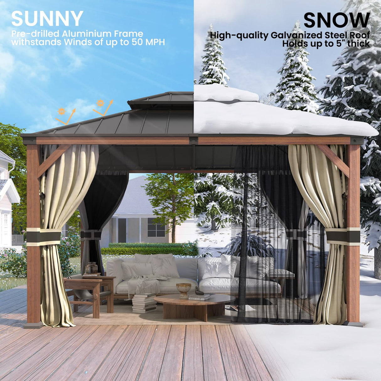 Amopatio 10' X 12' Wood Gazebo, Hardtop Gazebos with Galvanized Steel Double Roof, Outdoor Permanent Metal Aluminum Gazebo for Patio Deck Backyard Amopatio