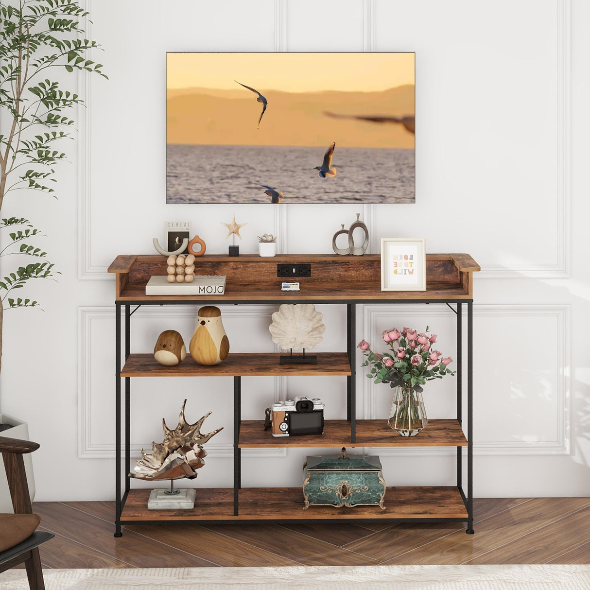 Welfuturer Console Table with Outlets and USB Ports 4Tier Sofa Table with LED Light and Open Shelves Industrial Entryway Hallway Side Table for Living Room Foyer Couch Hallway Rustic Brown Welfuturer