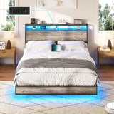Full Size Floating Bed Frame with LED Headboard, Storage & Charging Station in Rustic Grey AMERLIFE