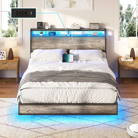 Full Size Floating Bed Frame with LED Headboard, Storage & Charging Station in Rustic Grey AMERLIFE