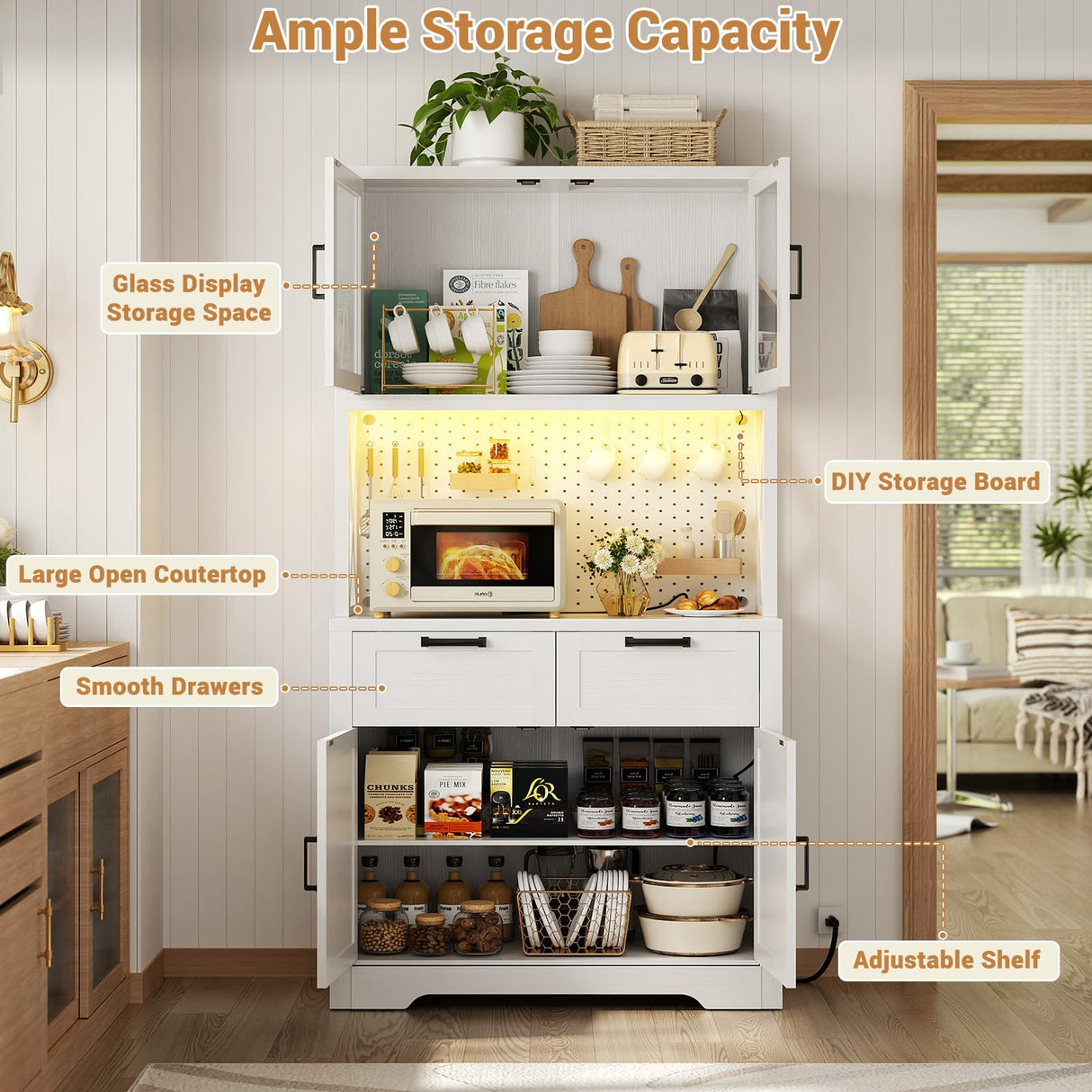 Unikito 71" Pantry Cabinet with LED Light & Outlet, Tall Kitchen Pantry Storage Cabinet with Microwave Stand, DIY Pegboard, Drawers and Adjustable Shelf, Farmhouse Kitchen Hutch for Dining Room, White Unikito