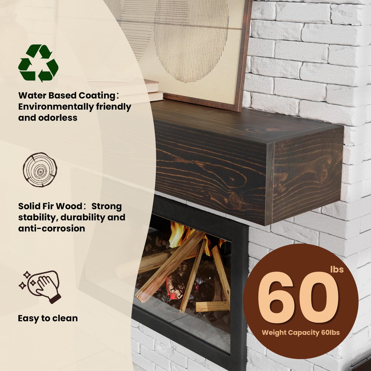 COSHOMER Fireplace Mantel - Floating Mantel Shelf, Wood Mantels for Over Fireplace, Wall-Mounted Mantels, Weight Capacity 60lbs, 60 X 9 X 6 inch, Walnut COSHOMER