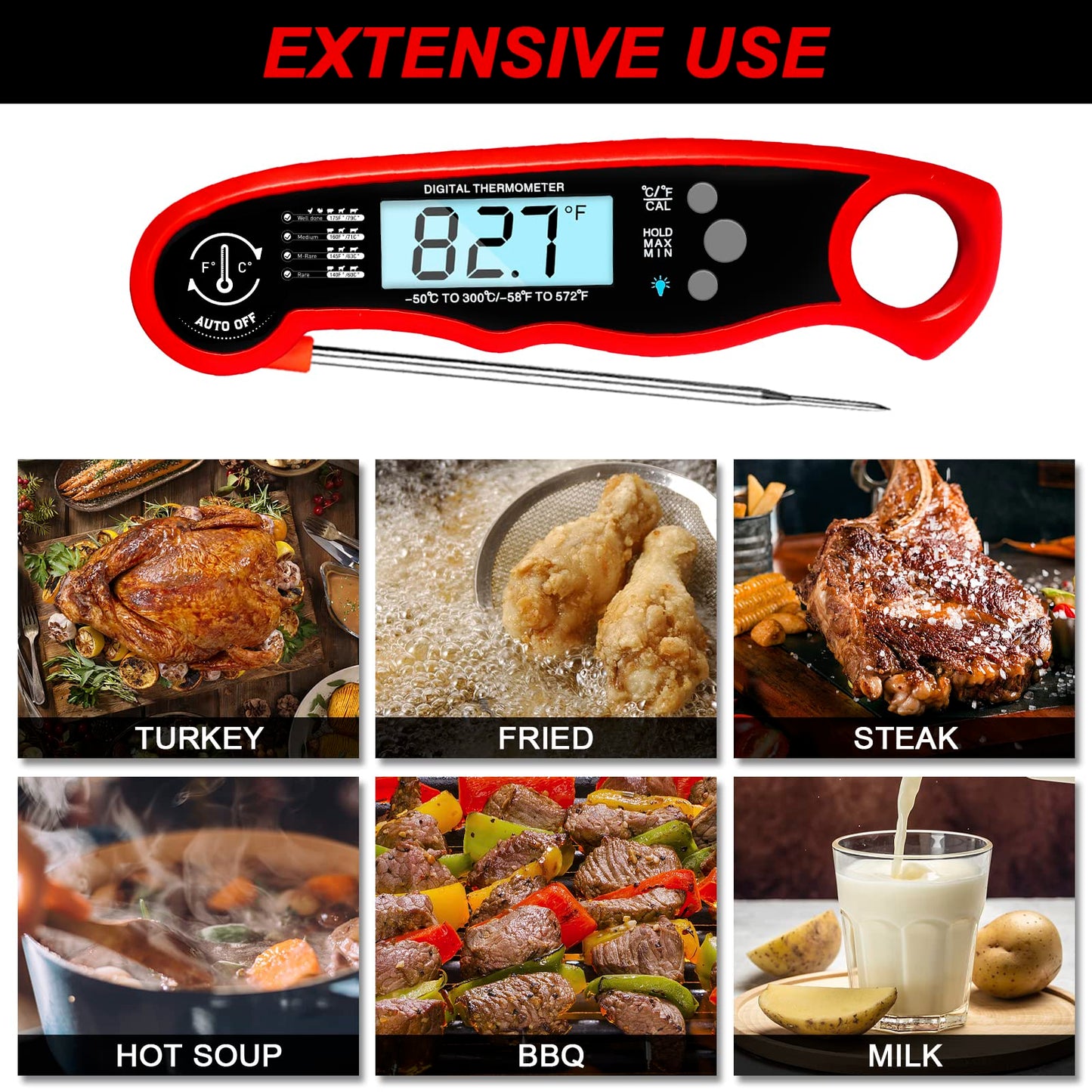 Meat Thermometer Digital for Cooking and Grilling, Collapsible Probe, with Magnet, Calibration, Backlight Waterproof Food Thermometer, Instant Read Thermometer for Kitchen, Meat, Steak, Turkey