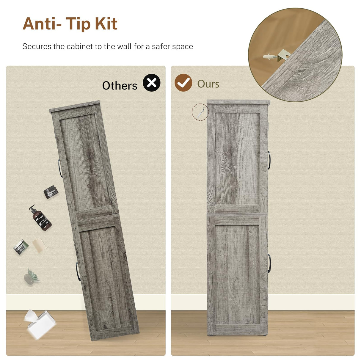 TEENFON Farmhouse Storage Cabinet with 2 Adjustable Shelves, Bathroom Cabinet with 4 Doors, Cupboard for Kitchen, Living Room, Rustic Gray TEENFON