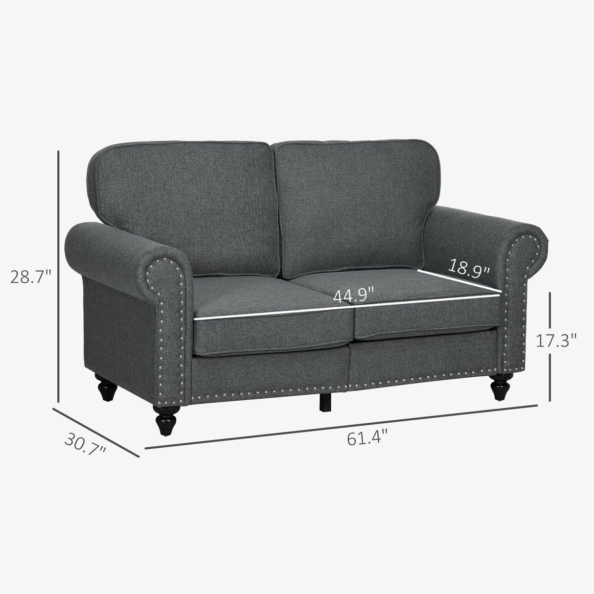 HOMCOM 61" Loveseat Sofa, Mid Century Modern 2 Seater Small Couch with Nailhead Trim, Rolled Arm, Fabric Upholstered Love Seat for Living Room and Bedroom, Charcoal Gray HOMCOM