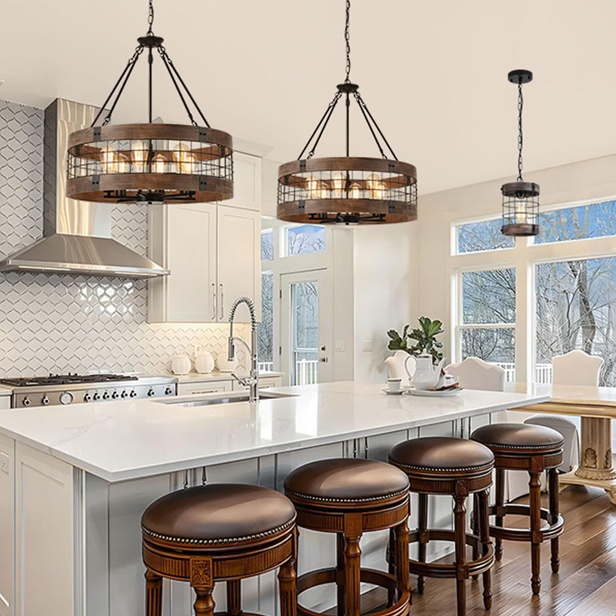 LamQee 5-Lights Rustic Farmhouse Chandeliers for Dining Room Over Table Wood and Metal Chandelier for Foyer Round Wooden Lights Fixture Large Drum Hanging Lighting Entryway Hallway Kitchen 18.9 Inch LamQee