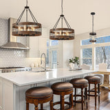 LamQee 5-Lights Rustic Farmhouse Chandeliers for Dining Room Over Table Wood and Metal Chandelier for Foyer Round Wooden Lights Fixture Large Drum Hanging Lighting Entryway Hallway Kitchen 18.9 Inch LamQee