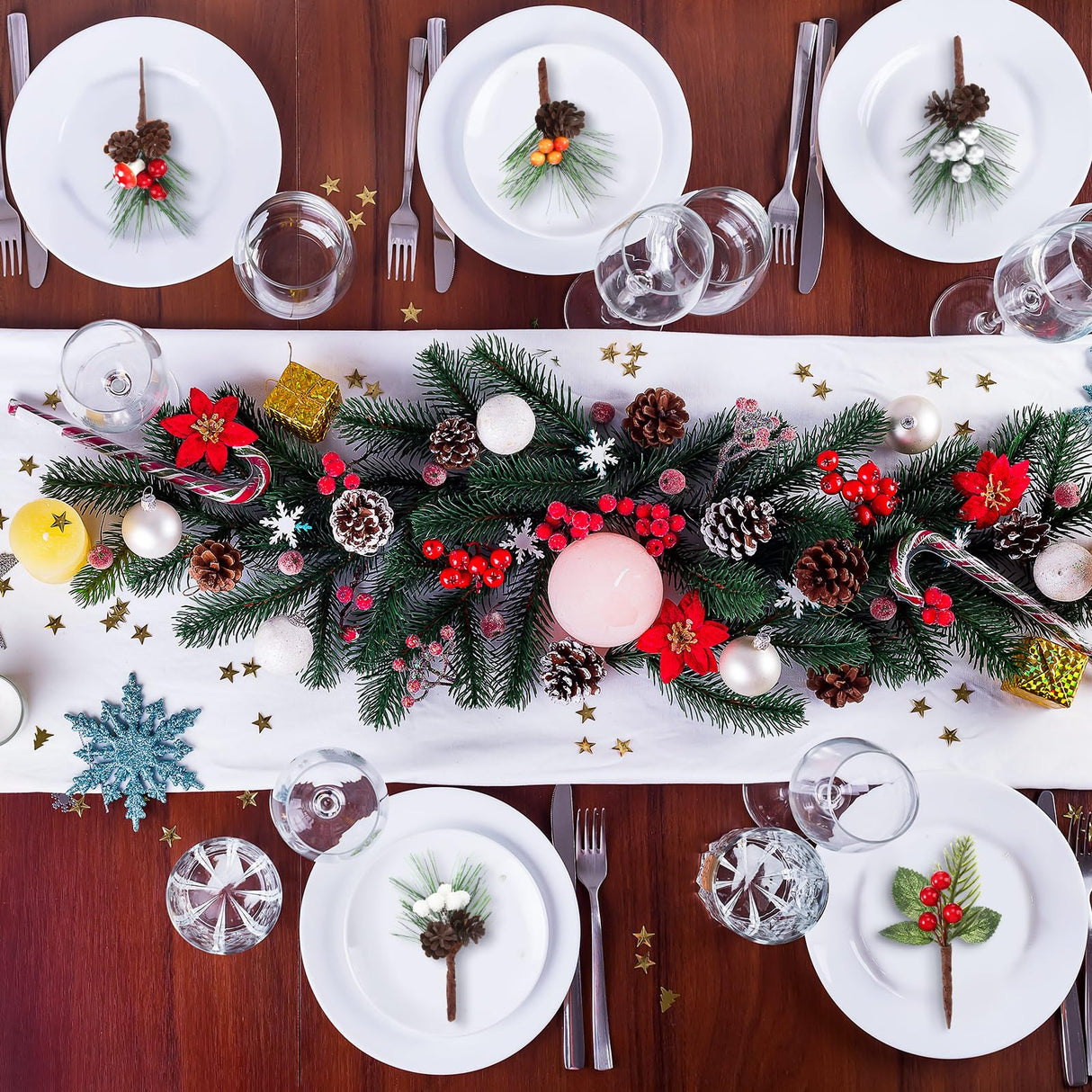 Panelee 48 Pcs Christmas Artificial Pine Picks Floral Pine Cones Sprays Wreath Christmas Decorations Berry Stem Branches with Holly Leaves for Xmas Tree Christmas Winter Holiday Panelee