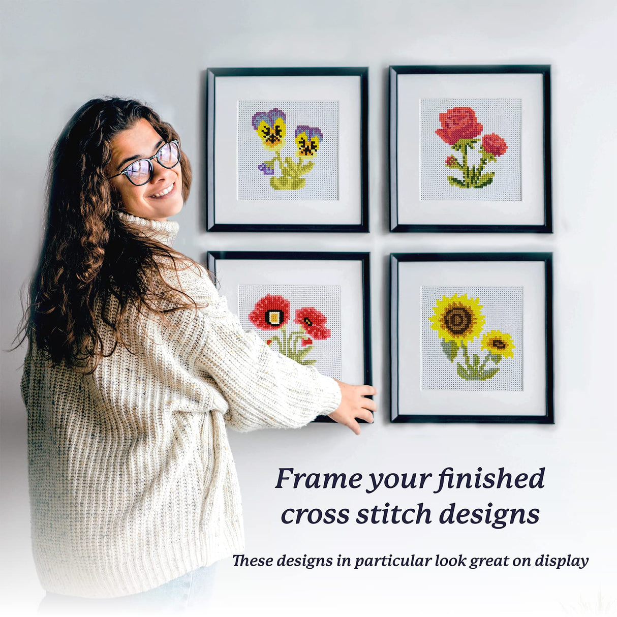 Kraftex Stamped Cross Stitch Kits for Beginners (Flower Theme - 6.75 Inch - 4 Pack 1 x Embroidery Hoop) Embroidery Needlepoint Patterns for Adults, Includes Poppy, Rose, Sunflower and Pansy Kraftex