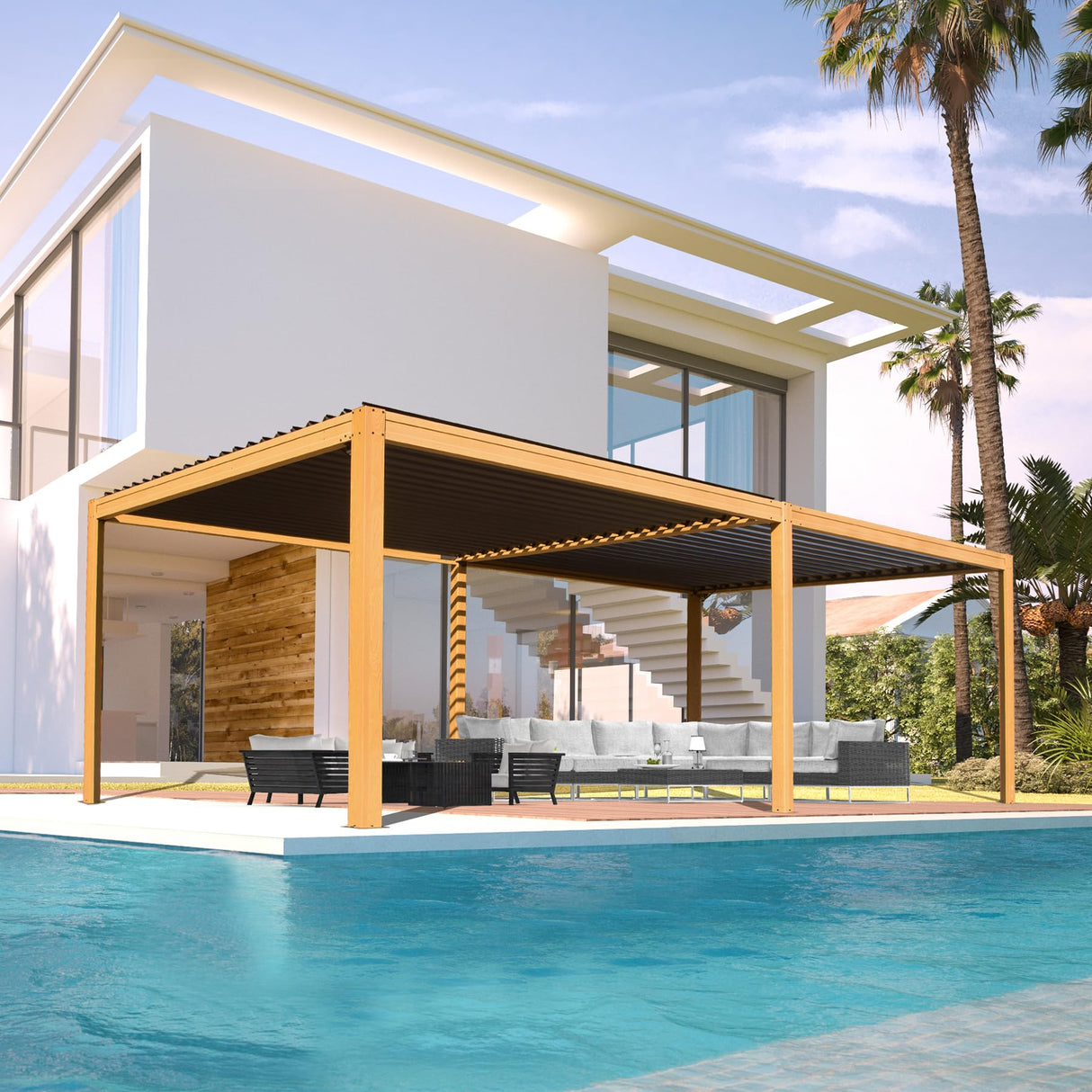 Domi Louvered Pergola 10x20FT, Outdoor Wood Grain Pergola Aluminum Frame with Adjustable Rainproof Metal Roof, Permanent Sun Shade with Drainage domi outdoor living