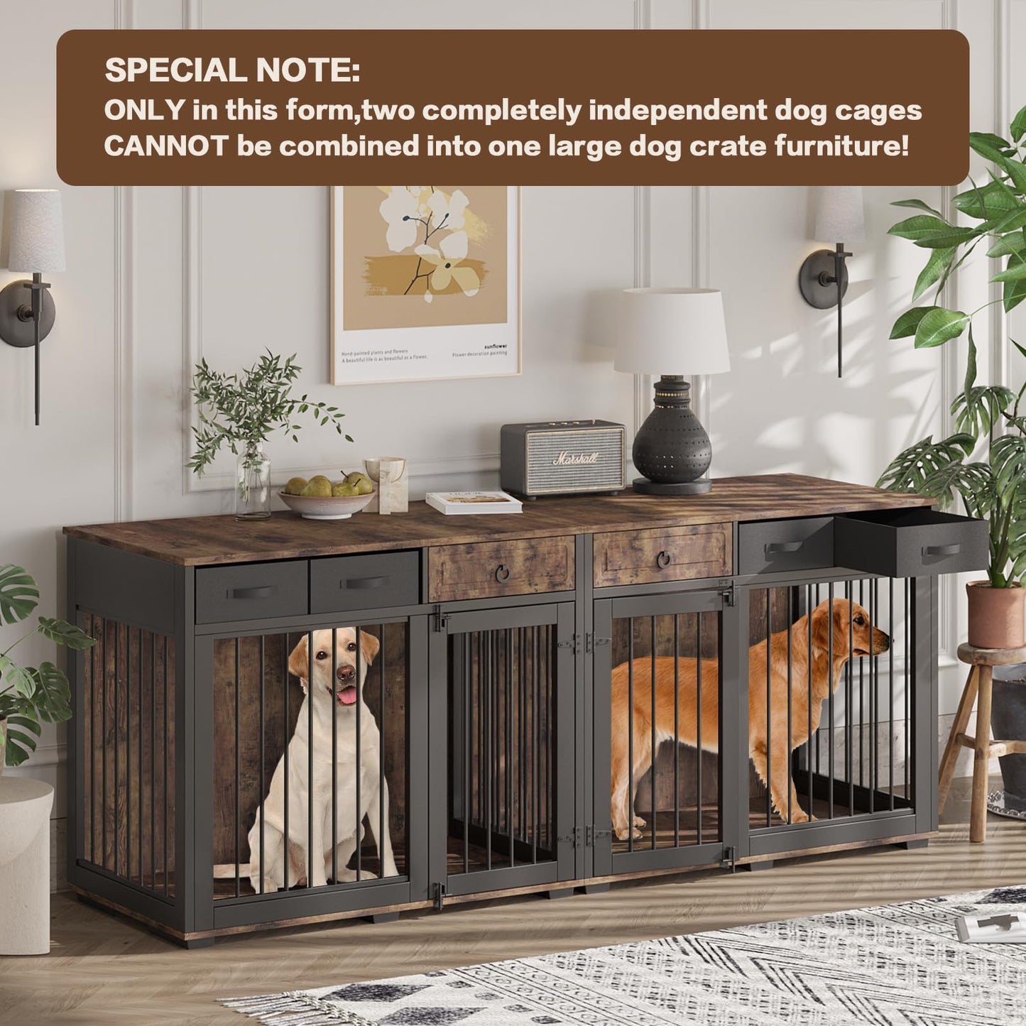 85.4" Dog Crate Furniture for 2 Dogs,Wooden Furniture Style Double Dog Kennel Crates Cages Large Breeds TV Stand Table with Storage and Divider Indoor,6 Combinations,Rustic Brown