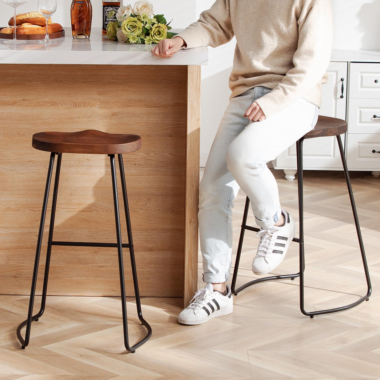 HeuGah Bar Stools Set of 3, Solid Wood Counter Height Bar Stools 30 Inch Saddle Seat Barstool Rustic Tall Bar Height Stool for Kitchen Island with Metal Leg (Walnut, 3 PCS 30Inch Barstool) HeuGah