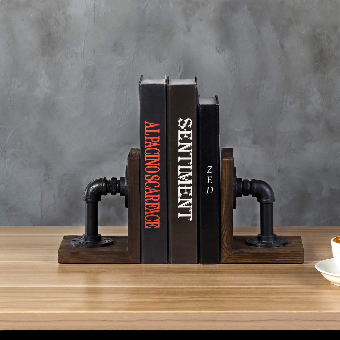 MyGift Dark Brown Industrial Pipe & Rustic Wood Bookends, Set of 2