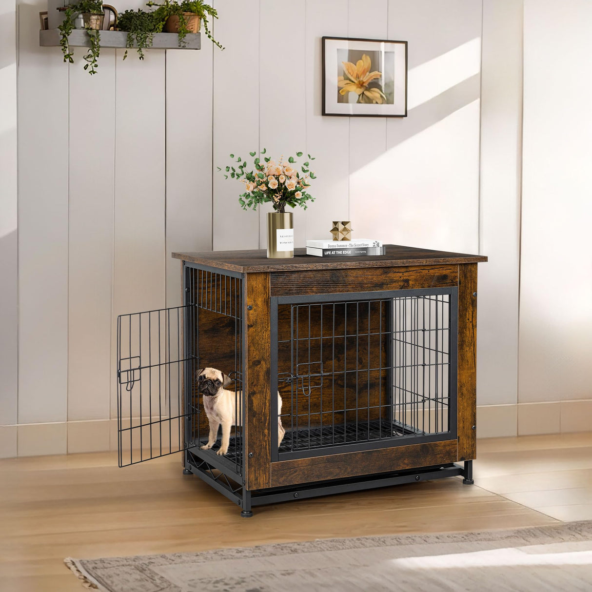 JY QAQA Dog Crate Furniture, Wooden Dog Crate Table, Double-Doors Dog Furniture, Indoor Dog Kennel, Dog House, Dog Cage Large JY QAQA PET