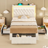 BTHFST Twin Upholstered LED Bed Frame with 3 Drawers, Velvet Hidden Storage Headboard with Charging Station, Button Tufted Headboard and Heavy Duty Metal Slats Support, No Box Spring Needed, Beige BTHFST