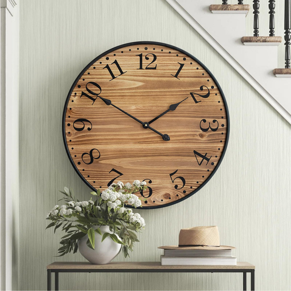 UPPER DECOR Rustic Farmhouse Wall Clocks for Living Room Decor, Large 24 inch Wall Clock with Dark Brown Wooden Face and Black Metal Frame, Silent Battery Operated for Kitchen Bedroom Entryway UPPER DECOR