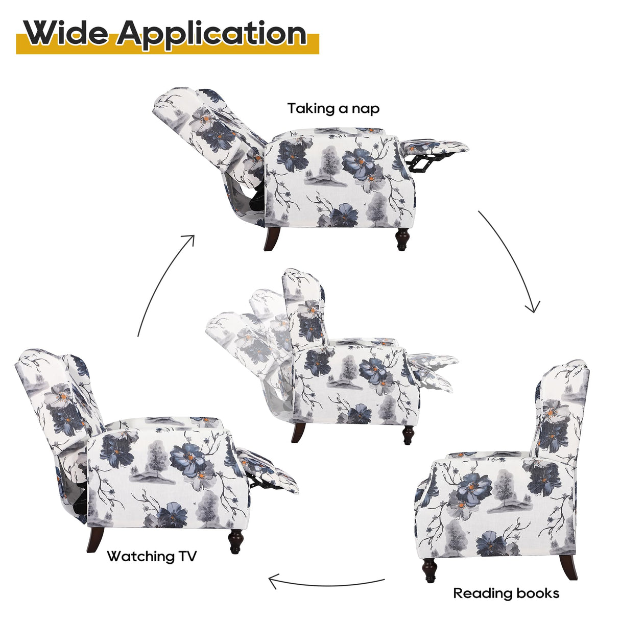 GUEAPY Mid-Century Modern Wingback Recliner Chair, Upholstered Push-Back Manual Recliner for Adults, Floral Accent Chair with Solid Wood Legs for Living Room & Bedroom, Blue GUEAPY