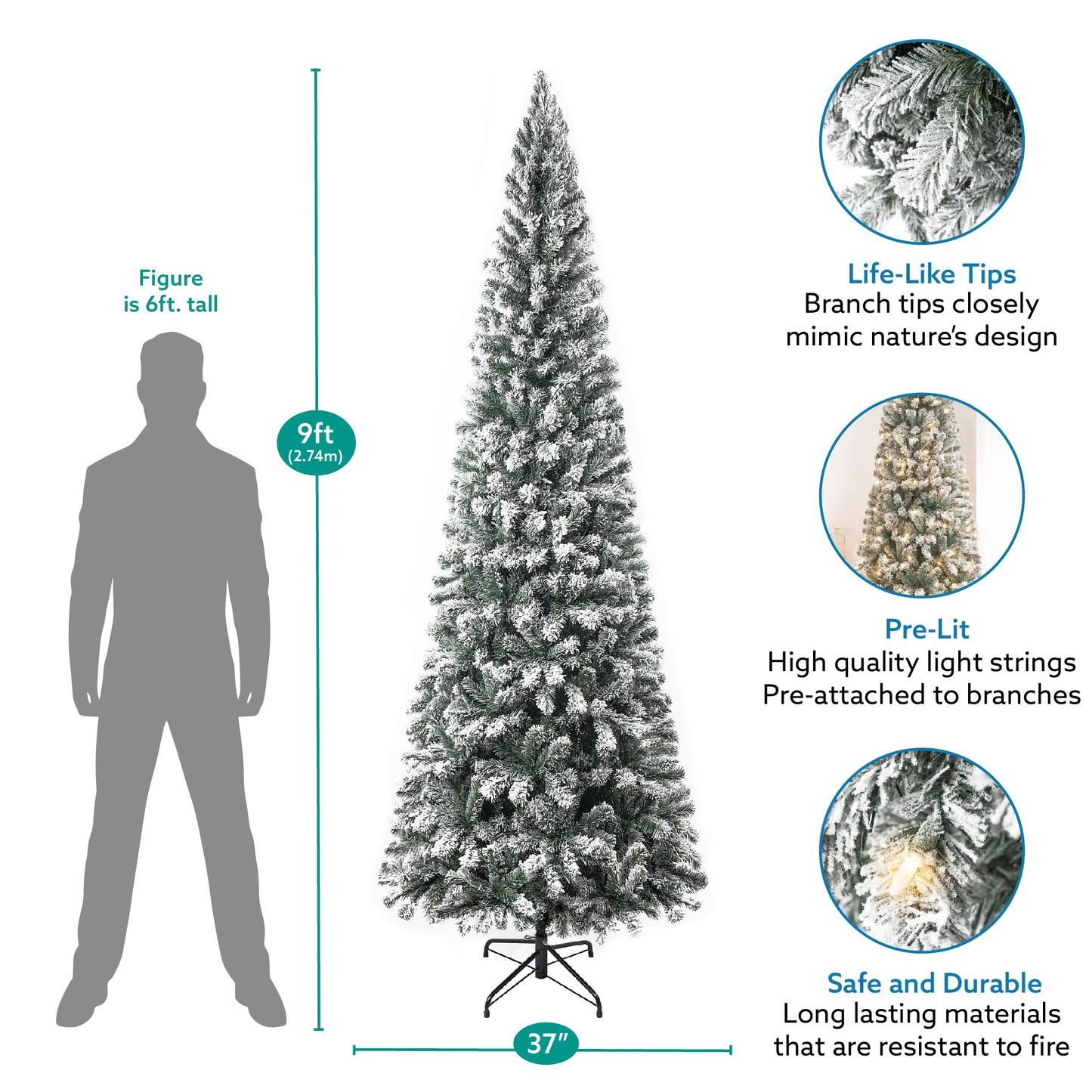 Salzburg 9ft Frosted Prelit Slim Artificial Christmas Tree with 1455 Branch Tips, 500 Warm Lights and Metal Stand, 37" Wide Realistic Snow Flocked Skinny Pencil Christmas Tree by Naomi Home