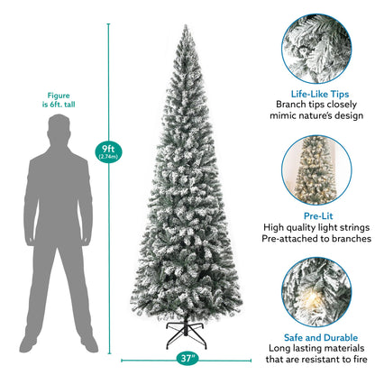 Salzburg 9ft Frosted Prelit Slim Artificial Christmas Tree with 1455 Branch Tips, 500 Warm Lights and Metal Stand, 37" Wide Realistic Snow Flocked Skinny Pencil Christmas Tree by Naomi Home