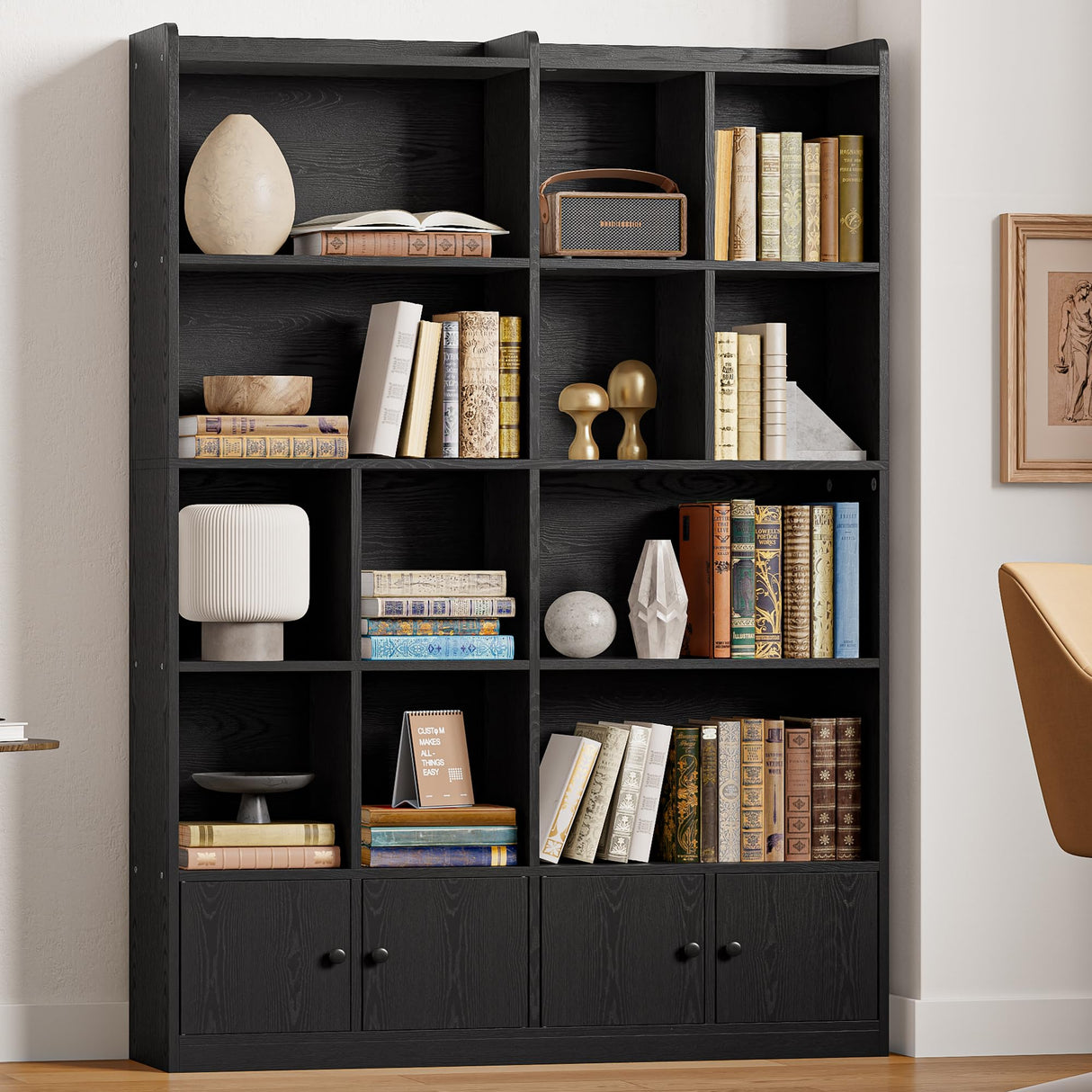 IRONCK Bookshelves and Bookcase, 6 Tiers Large Bookshelf with 4 Doors, Floor Standing Tall Display Storage Shelves for Home Office, Living Room, Bedroom, Black IRONCK