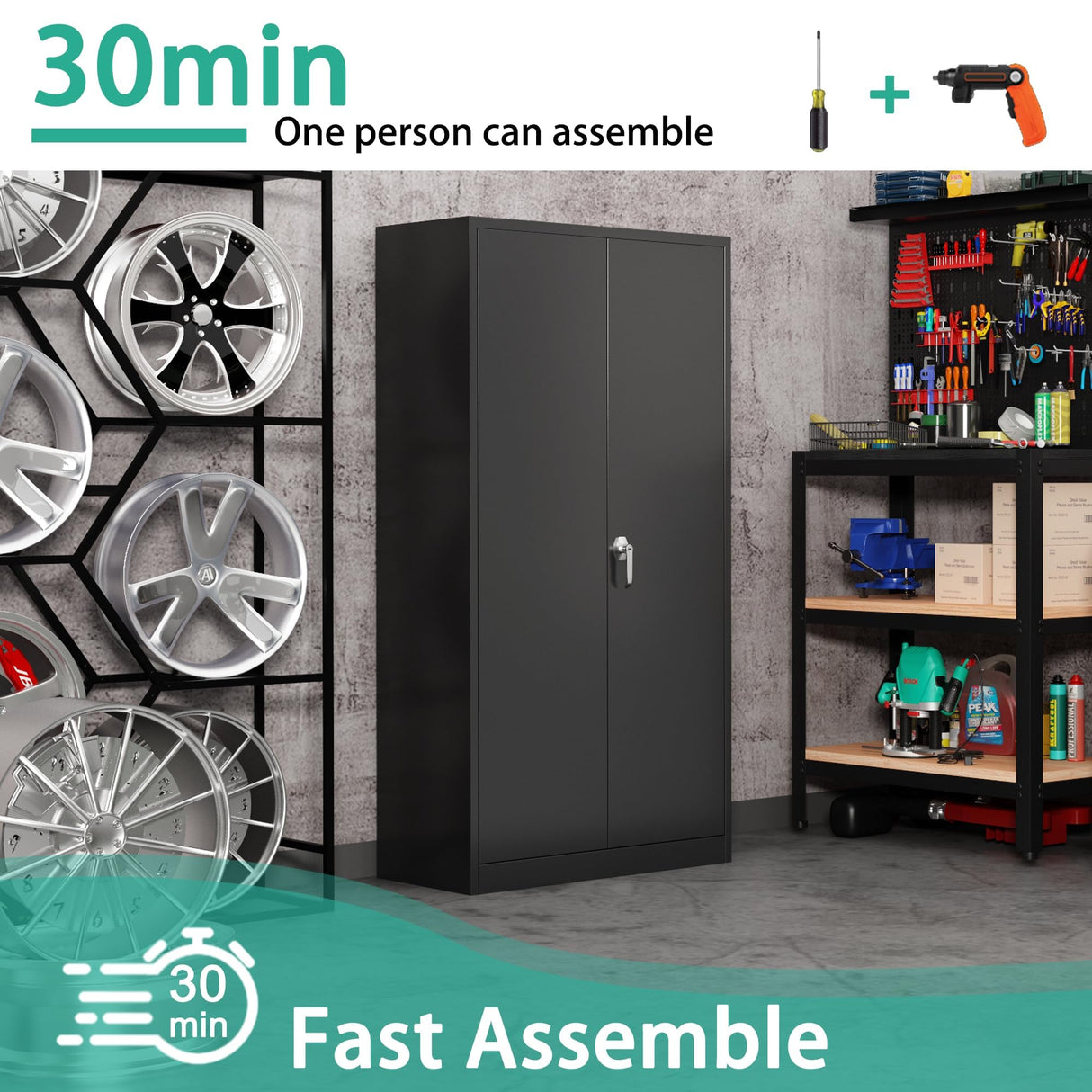 Waqiv Black Metal Storage Cabinet with Door, Locking Steel Cabinet with 4 Adjuestable Shelves, Tall Lockable Garage Tool Storage Cabinet for Home, Waqiv