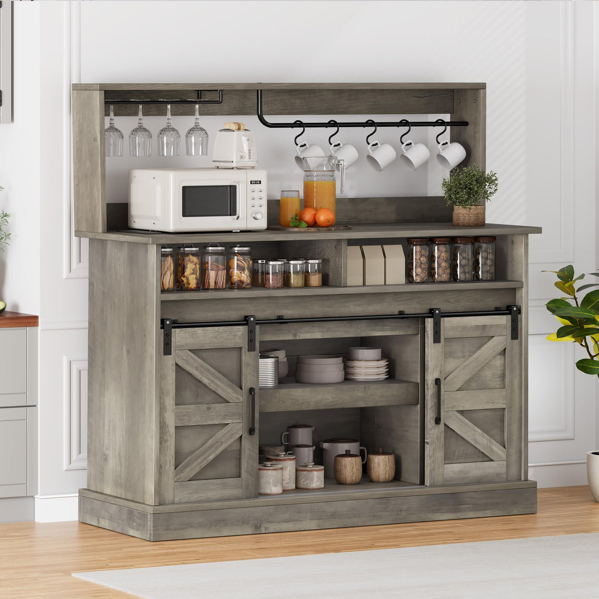 DWVO Farmhouse Buffet Cabinets, 47" Coffee Bar with Goblet Holder & Power Outlet, Sliding Barn Door Sideboard Cabinet for Kitchen & Living Room Storage (Rustic Grey Oak) DWVO