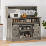 DWVO Farmhouse Buffet Cabinets, 47" Coffee Bar with Goblet Holder & Power Outlet, Sliding Barn Door Sideboard Cabinet for Kitchen & Living Room Storage (Rustic Grey Oak) DWVO