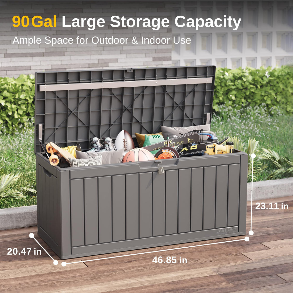 EAST OAK Outdoor Storage Box, 90 Gallon Deck Box, Waterproof Resin Storage Bin for Patio Cushions, Gardening Tools, Outdoor Toys, Lockable, UV Resistant, Grey EAST OAK